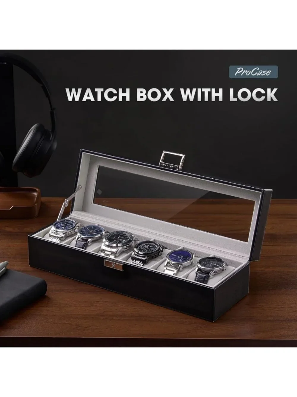 Stylish 6-Slot Watch Case for Men | PU Leather Organizer with Lockable Glass Lid